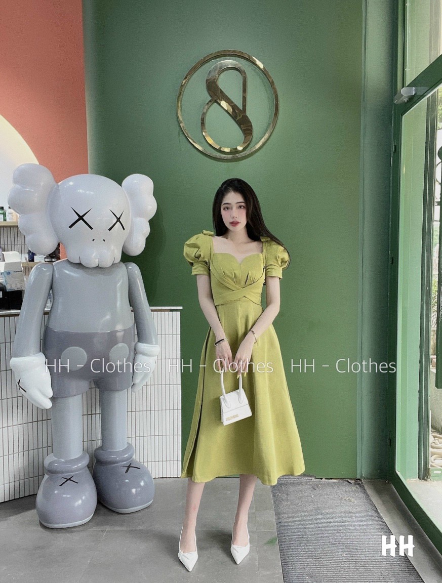 Đầm Xòe Cột Nơ Tay Phồng Trẻ Trung