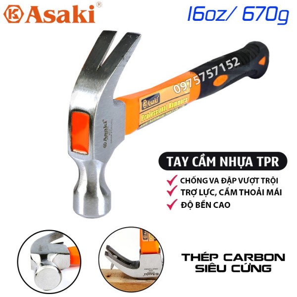 Búa nhổ đinh, búa đóng đinh đa năng Asaki AK-9548 16oz 670g, thép Carbon siêu cứng, tay nhựa TPR trợ lực độ ổn định cao