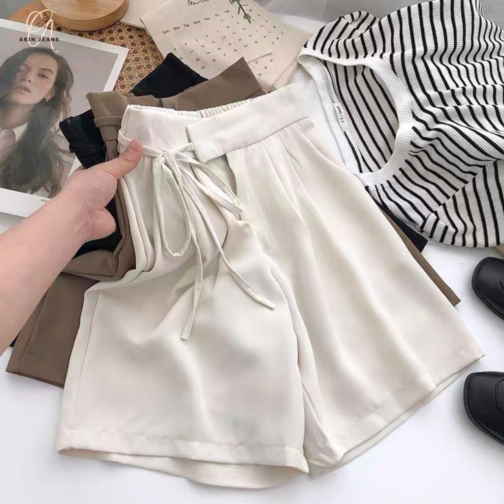 Quần short nữ cạp cao quần sooc nữ ống rộng cột dây nơ eo chất Ruby mềm mịn