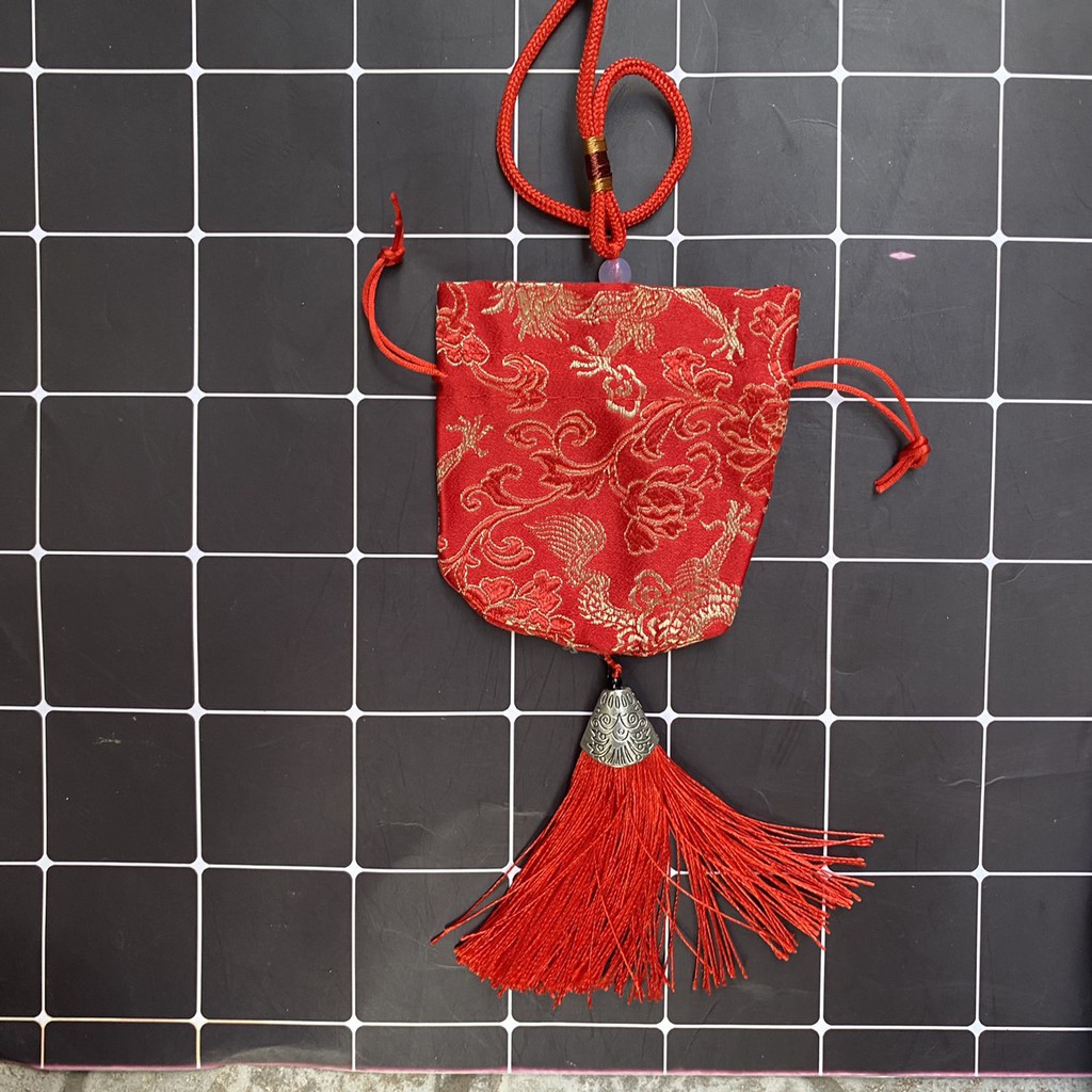 ( 25k) Túi gấm M25 đựng thêu hình rồng phượng gắn tua rua hầu bao cổ trang