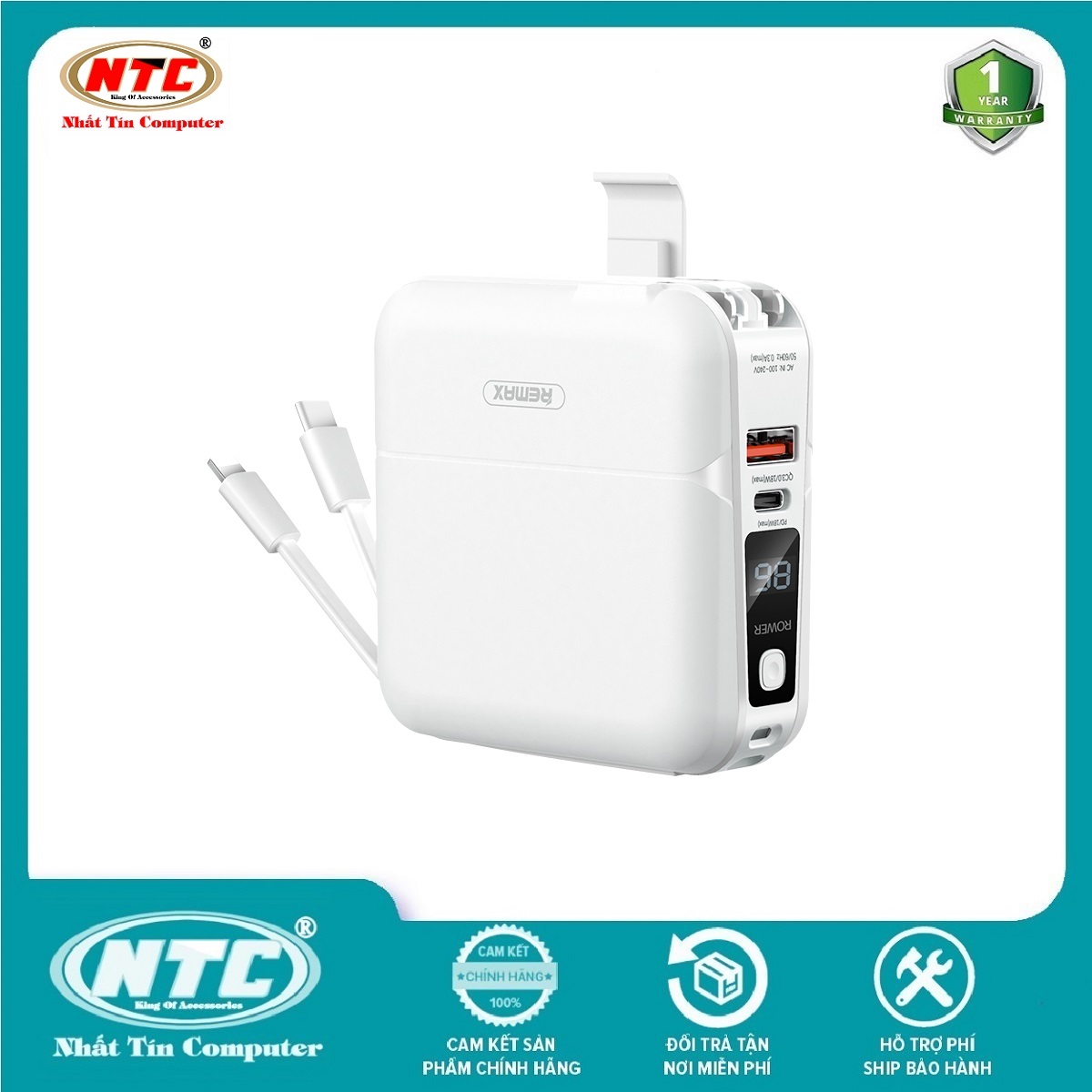 Pin dự phòng cho iph 15 kiêm bộ sạc Remax RPP-20 15000mAh kèm 2 cáp Output QC3.0 và PD18W (2 màu) Nhất Tín Computer