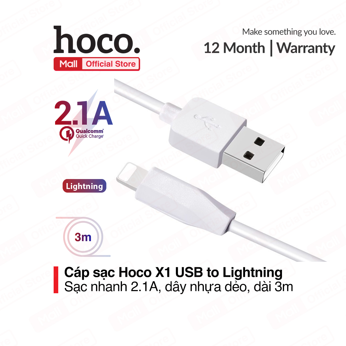 Cáp sạc Lightning Hoco X1 cho iPhone/iPad dài 3M dây sạc chắc chắn tiện lợi