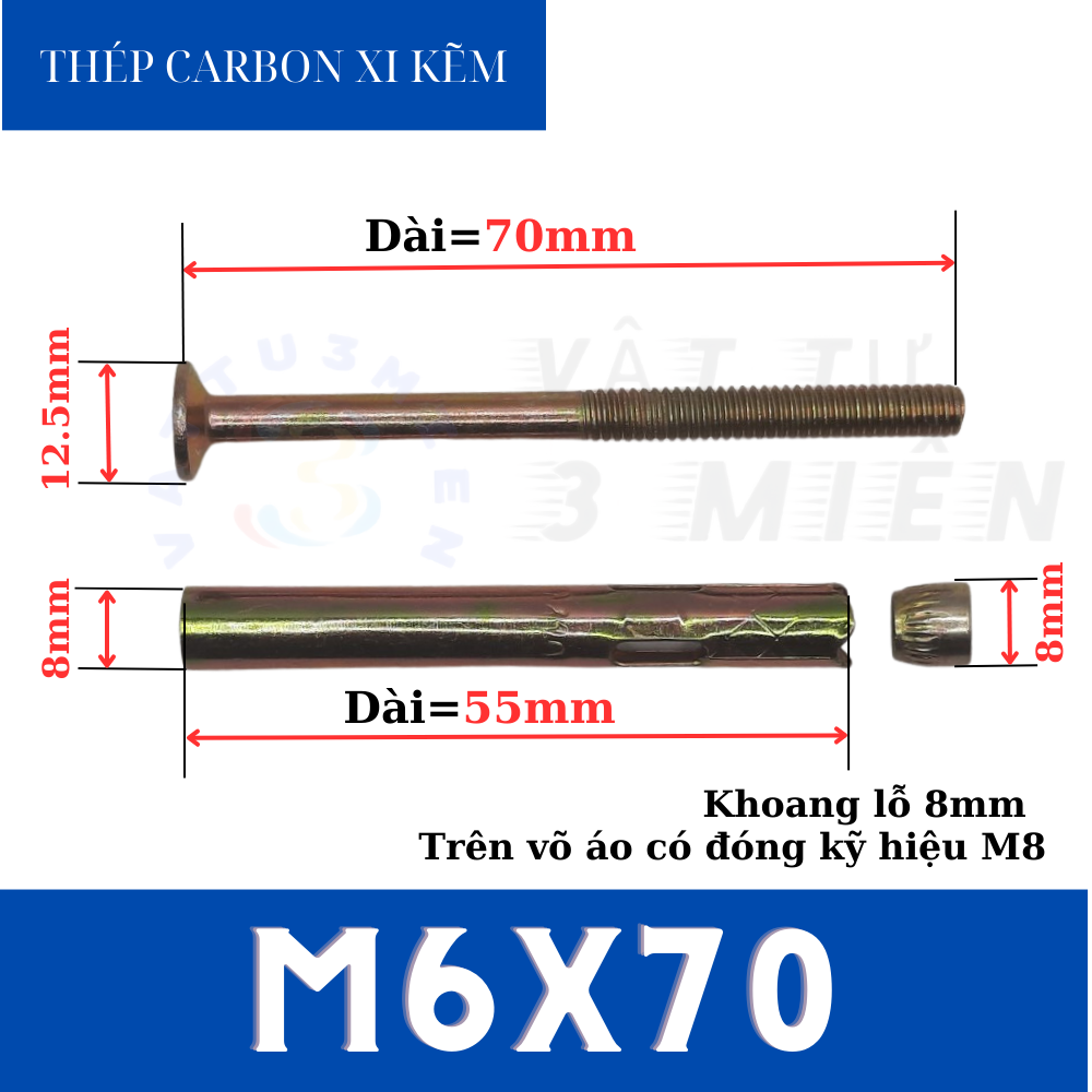 Tắc kê nở M6x70 đầu vít ba ke sắt xi kẽm ( Bu lông nở đầu vít ba ke ...