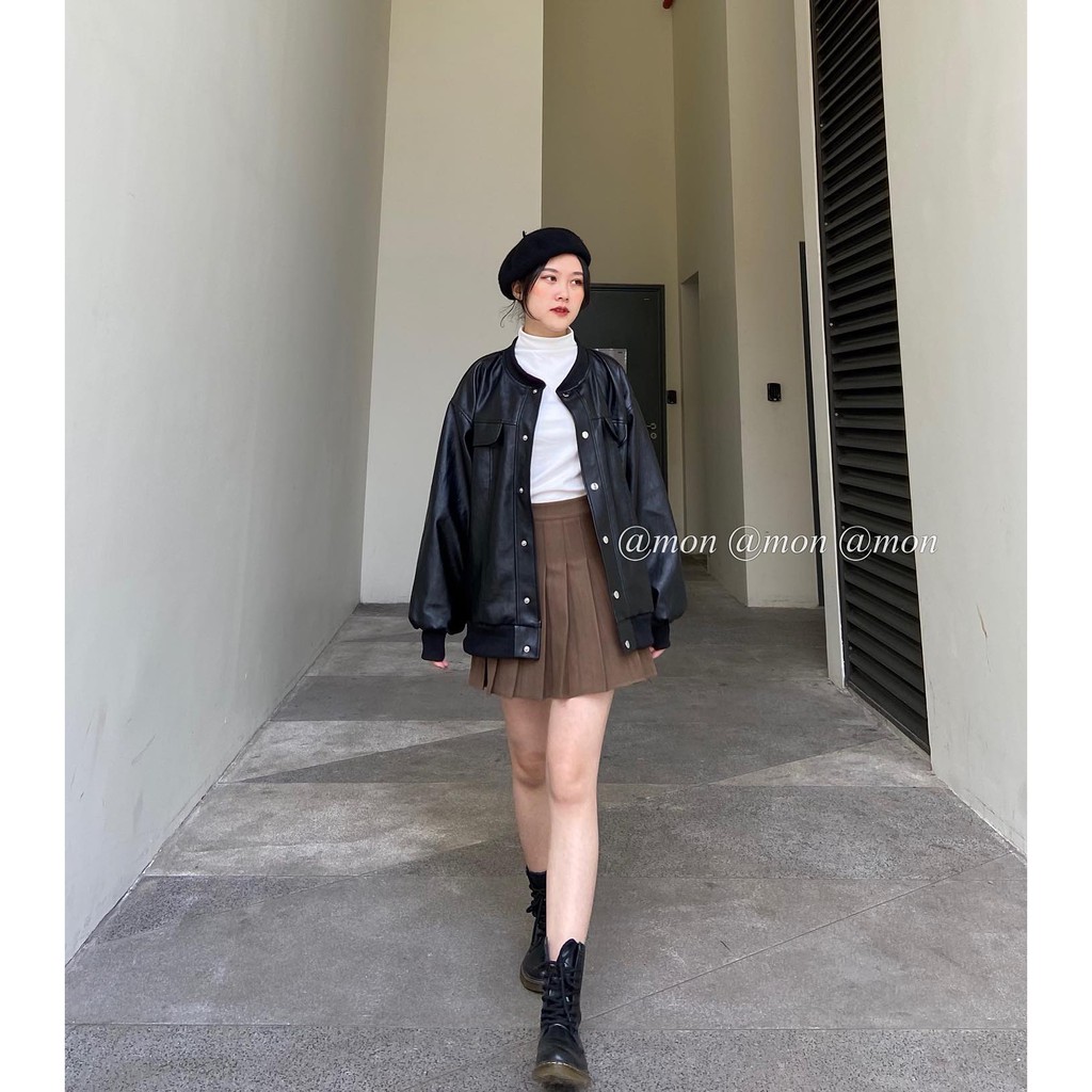 Áo khoác da dáng rộng, áo khoác bomber da nữ