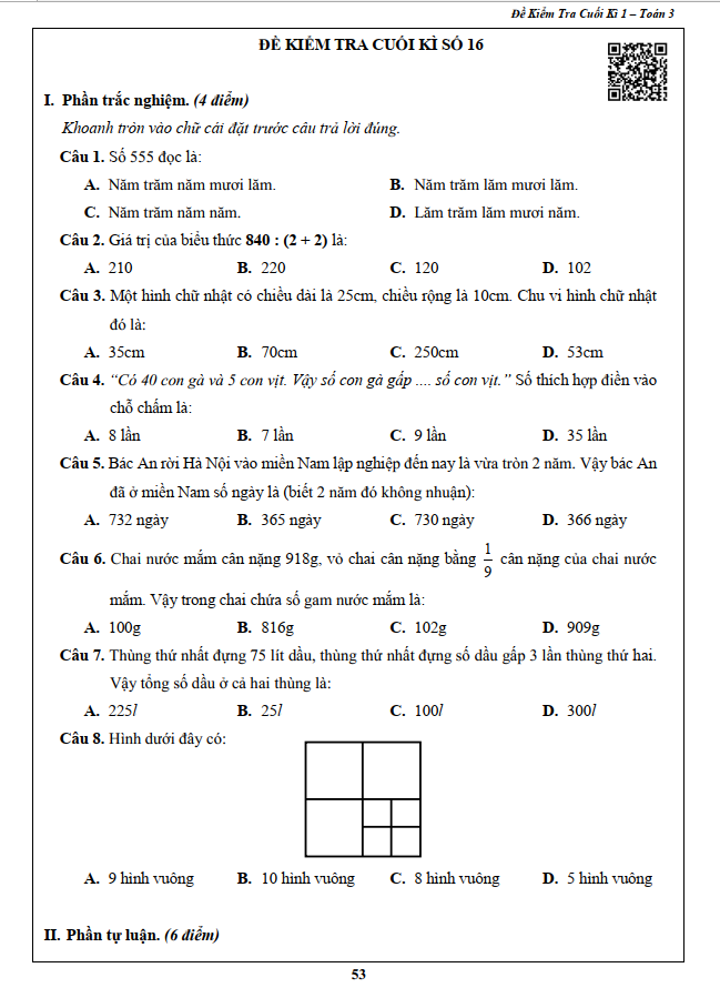 Sách - Đề Kiểm Tra Toán 3 - Học Kì 1 (1 cuốn)