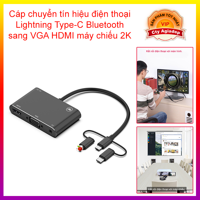Cáp chuyển tín hiệu điện thoại Lightning Type-C Bluetooth sang VGA HDMI máy chiếu 2K