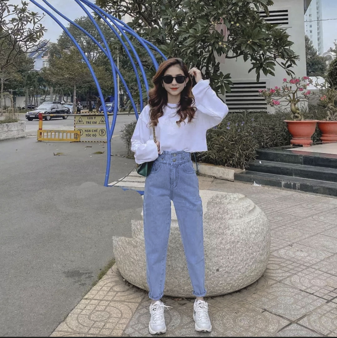 QUẦN JEAN BAGGY NỮ LƯNG CAO 2 NÚT XỎ DÂY 2 BÊN, QUẦN BAGGY JEAN NỮ XANH TRƠN THỜI TRANG MỚI TẠI PINKY79SHOP BG6