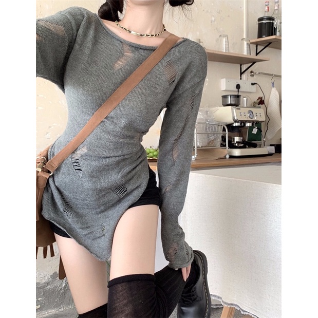 (Sẵn - Ảnh thật) ÁO LEN TAY DÀI RÁCH VẠT CHÉO | Sugarblingbling