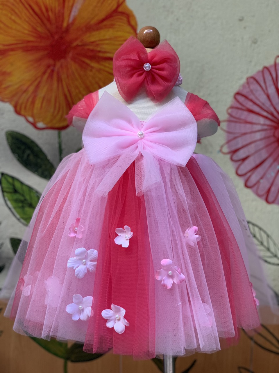 Đầm cho bé gái /Đầm công chúa / đầm công chúa cho bé có nơ và hoa màu hồng phấn pha hồng cam