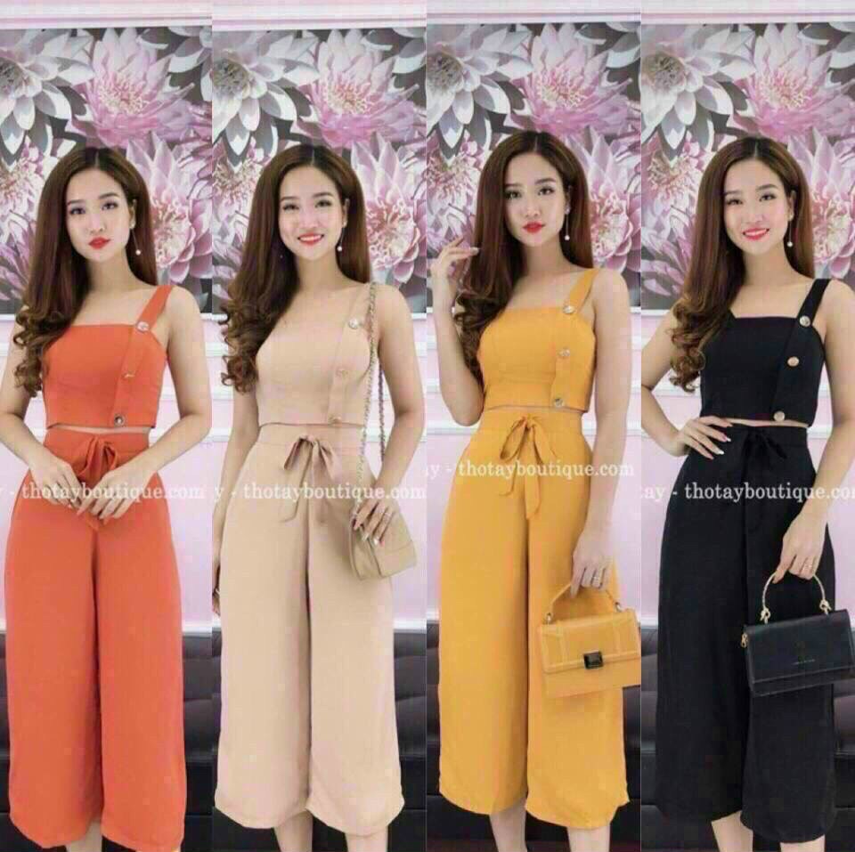 Sét áo đính nút và quần ống rộng cột nơ eo xinh xắn