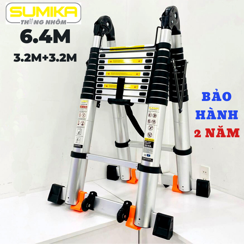 Thang nhôm rút đôi (Chữ A: 3,2m Chữ I:6,4m) Sumika SK640D - Nút cao su chống trượt, khóa chống rung lắc, 2x10 bậc, tải trọng 300kg, bảo hành 2 năm