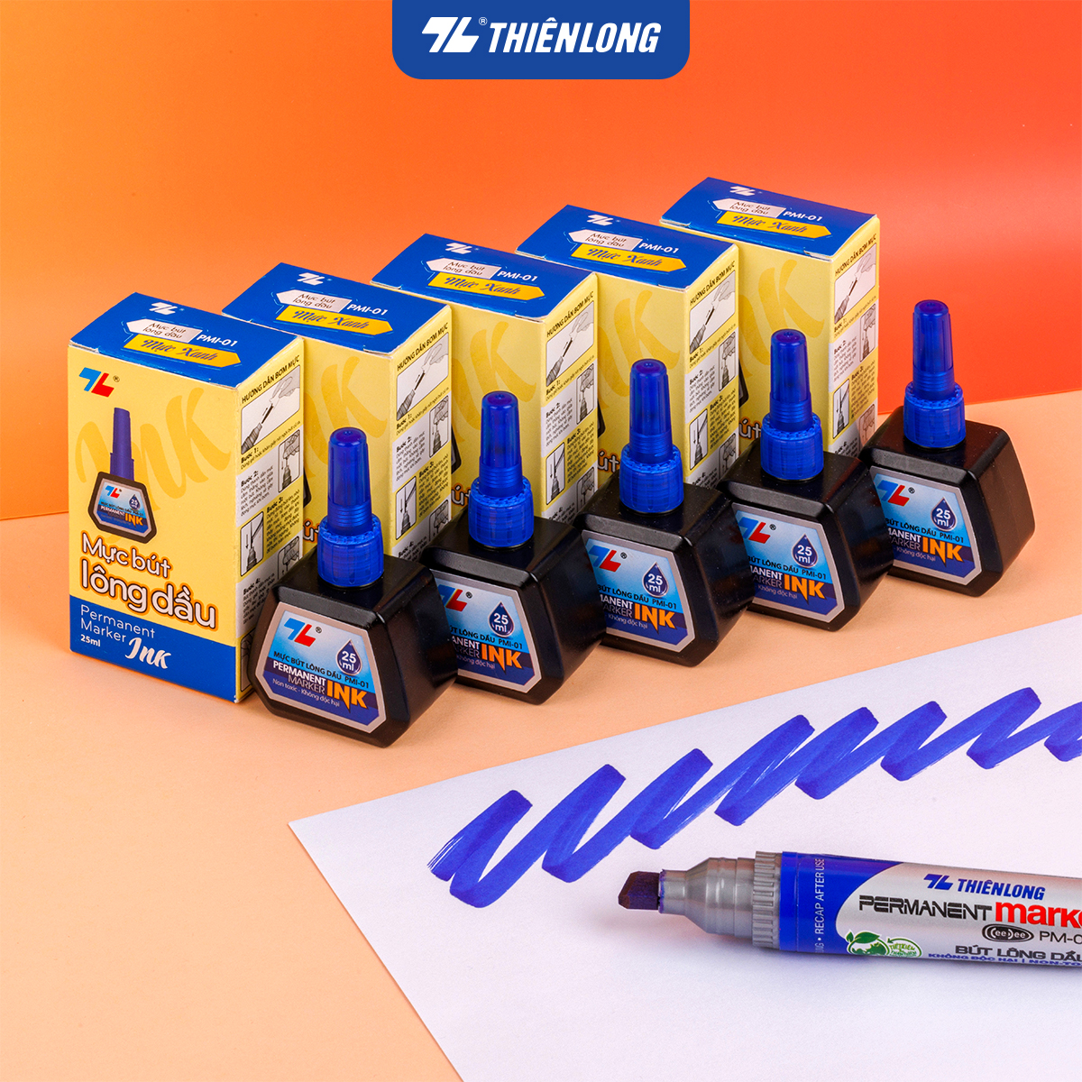 Combo 10 Mực bút lông dầu Thiên Long PMI-01 với 3 màu mực xanh/ đỏ/ đen, mực tươi sáng, bám dính tốt, không độc hại