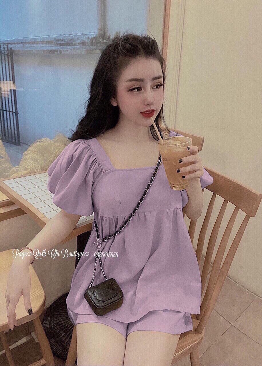 [HCM]Set bộ nữ quần đùi áo tay phồng cổ vuông babydoll cực xinh #setbonubabydoll