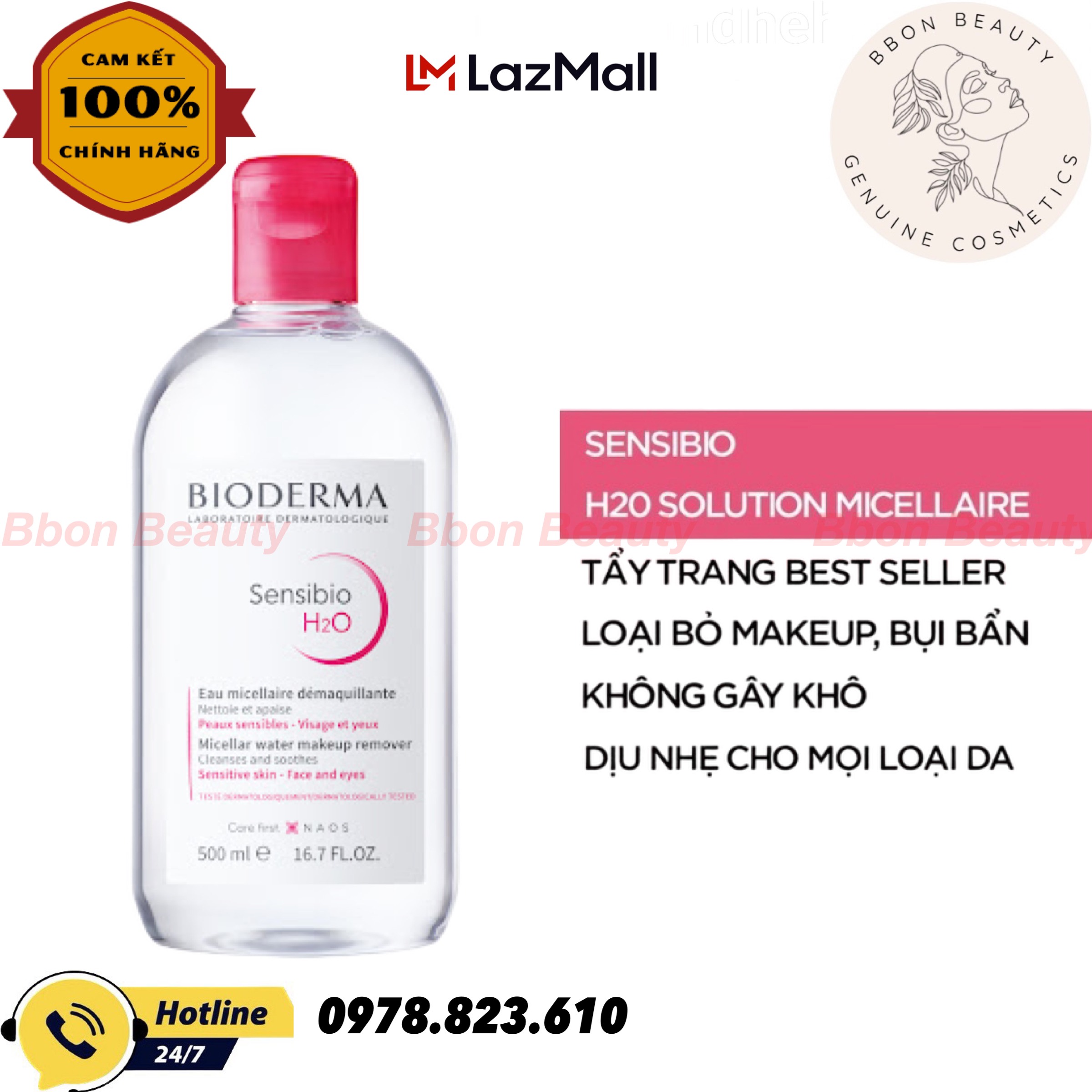 Nước tẩy trang và làm sạch dành cho da nhạy cảm bioderma sensibio h2o 500ml - bbon beauty chính hãng