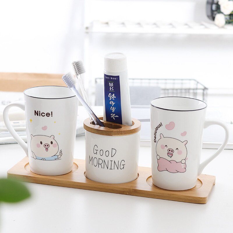 Cốc súc miệng cặp đôi hoạt hình dễ thương bằng sứ, bộ cốc bàn chải đánh răng gia dụng sáng tạo, phòng tắm bàn chải đánh răng kem đánh răng chủ cốc vại
