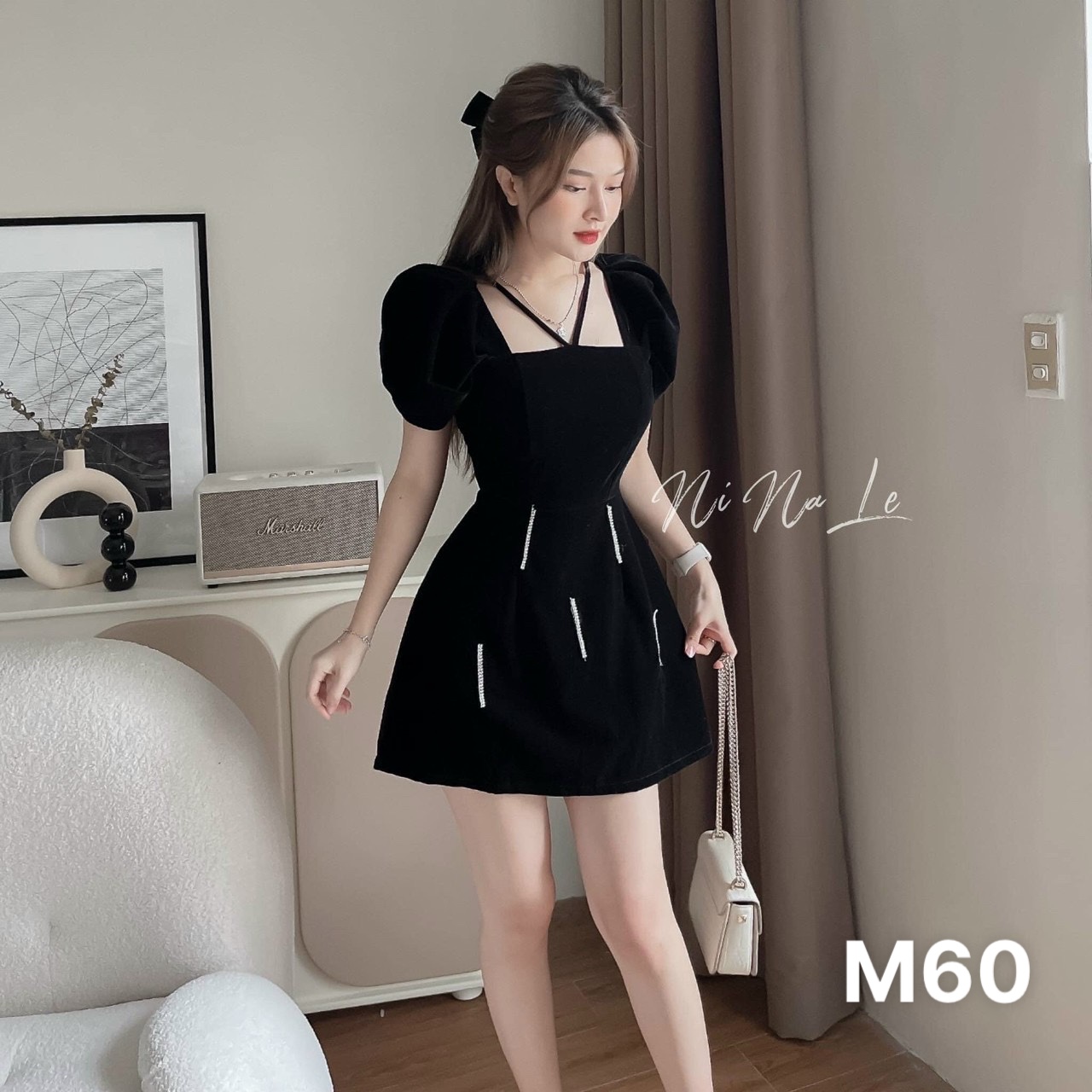 Đầm nhung cổ vuông cột dây lưng dáng xoè dễ thương M60