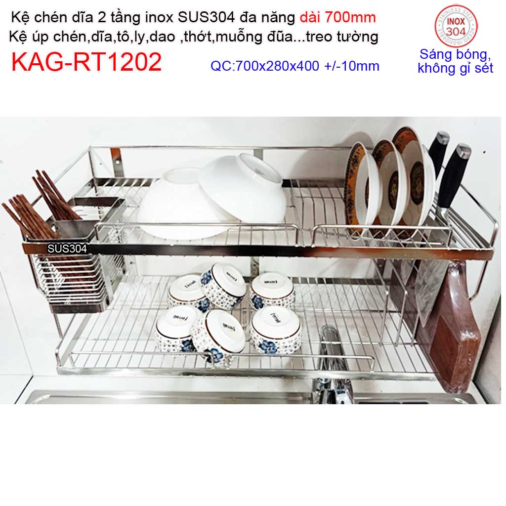 Kệ đựng chén bát 2 tầng 70cm đa năng inox 304 kệ chén dĩa 2 tầng inox roca kag-rt1202