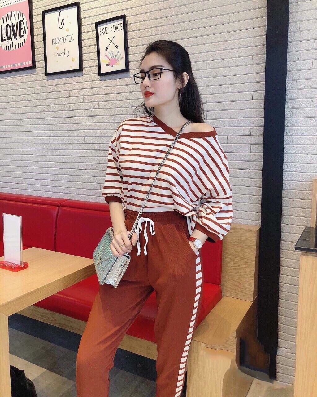 Set bộ nữ quần chạy viền +áo thun sọc tay lỡ