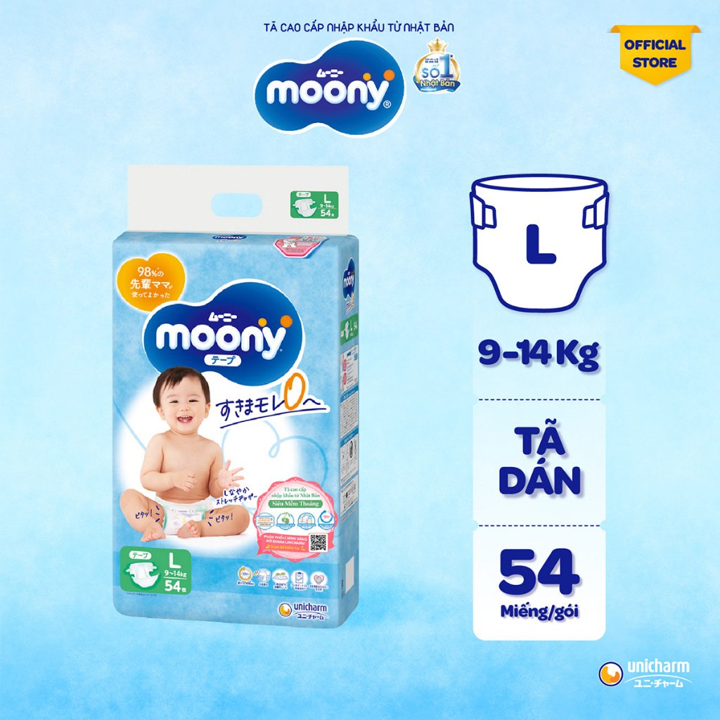 Tã Dán Moony Cao Cấp Size L (9 - 14kg) (Xanh) Gói 54 Miếng