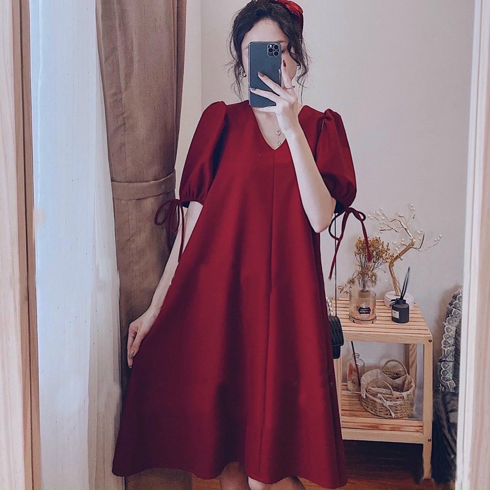 Đầm suông cổ V tay nơ 2 màu