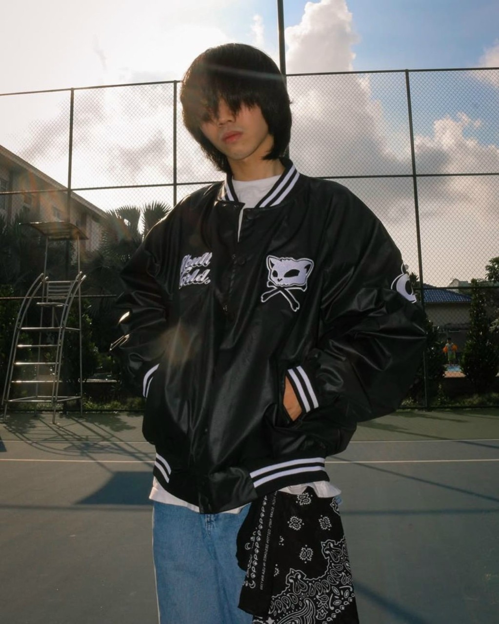 Áo khoác dù bomber unisex in logo mèo kèm chữ skull world , mẫu mới bao hot teen. tp