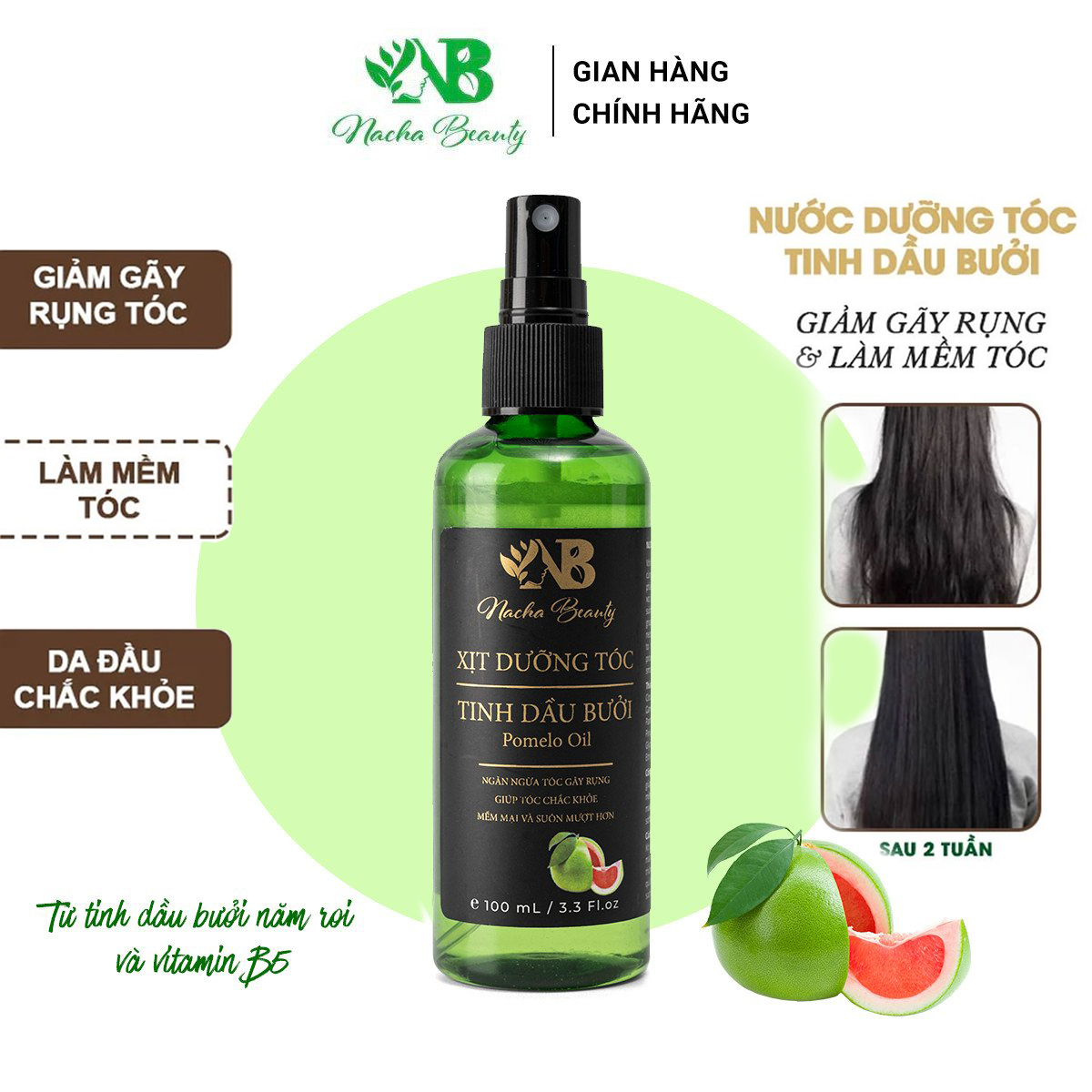 ( TẶNG MẶT NẠ) Xịt Dưỡng Tóc Pomelo Tinh Dầu Bưởi Cao Cấp - Nacha Beauty - Giải pháp cho các vấn đề về tóc hư tổn