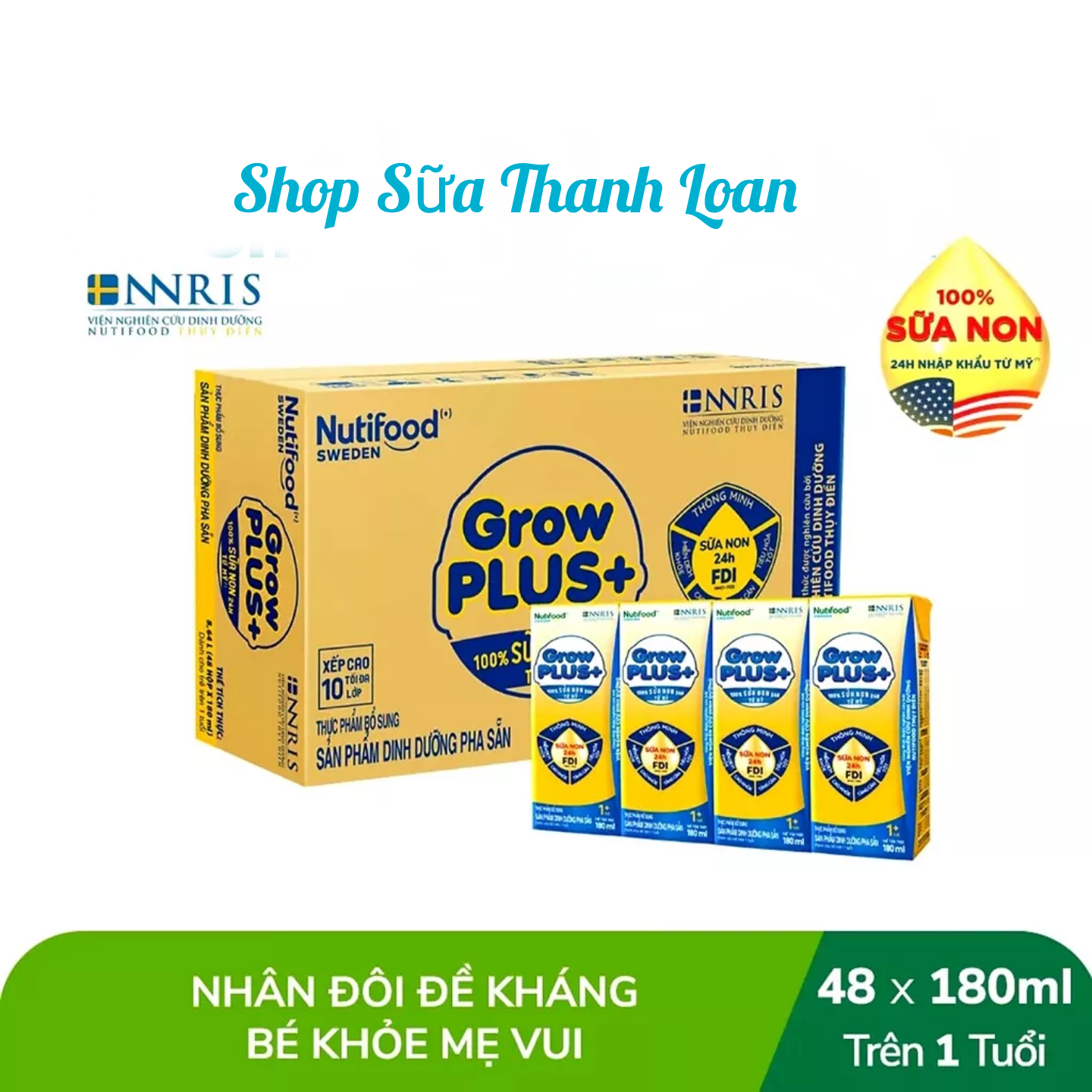 Thùng 48 hộp sữa bột pha sẵn nutifood growplus+ sữa non 180ml.