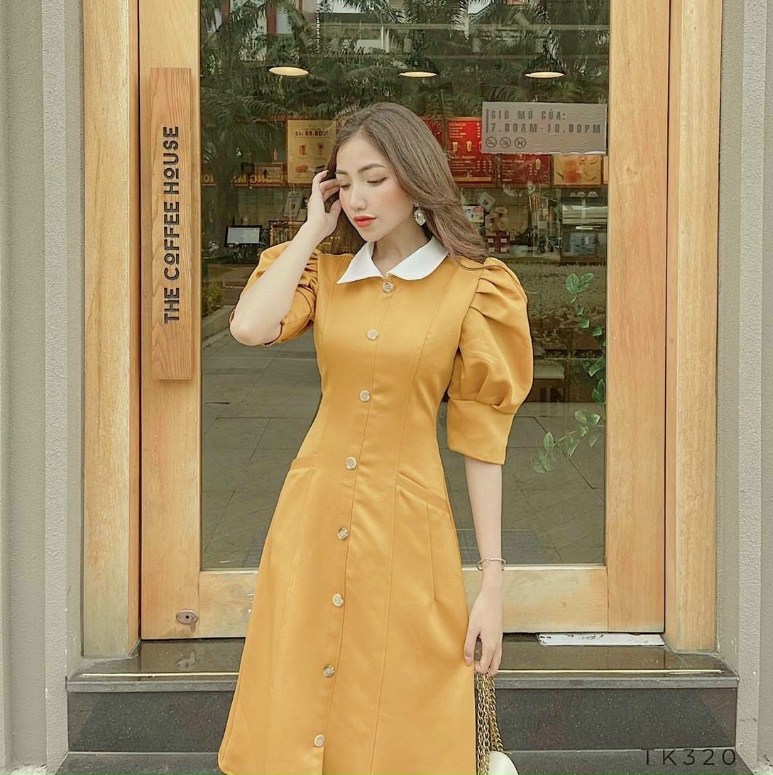 Đầm váy cổ trắng tay phồng 2 màu