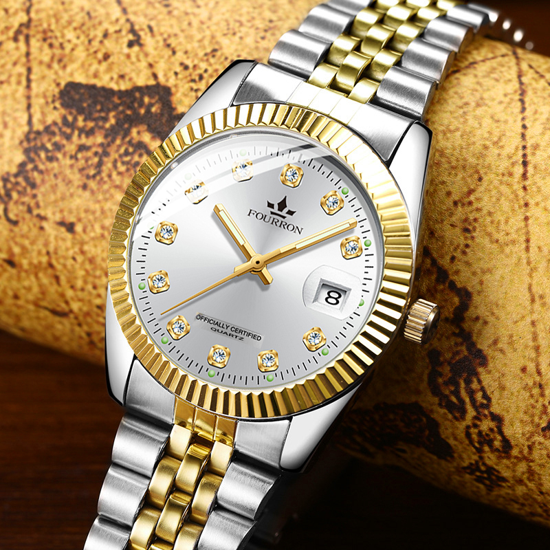 Fourron f723f men's watch calendar date gold plated waterproof 3atm elegant design men's watch