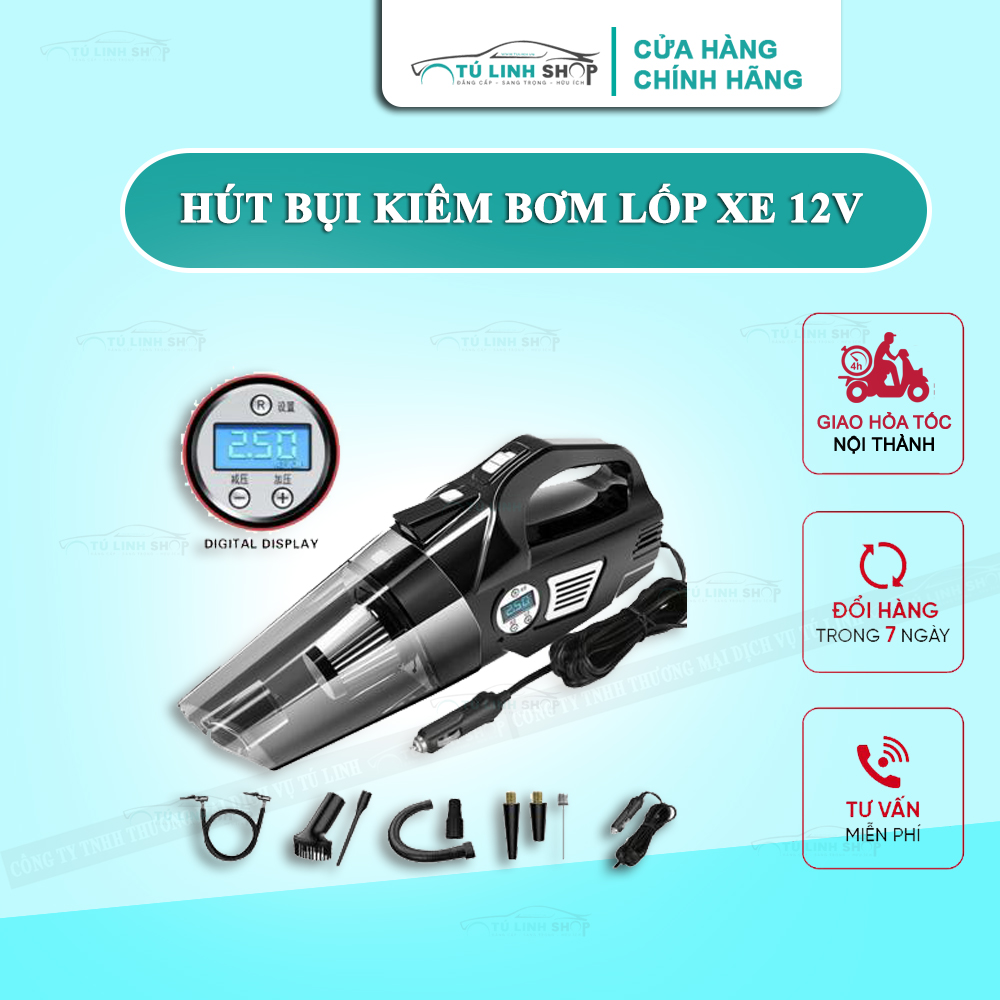 Hút bụi và bơm lốp tự ngắt 2 trong 1 tích hợp 4 chức năng, siêu khỏe, siêu bền