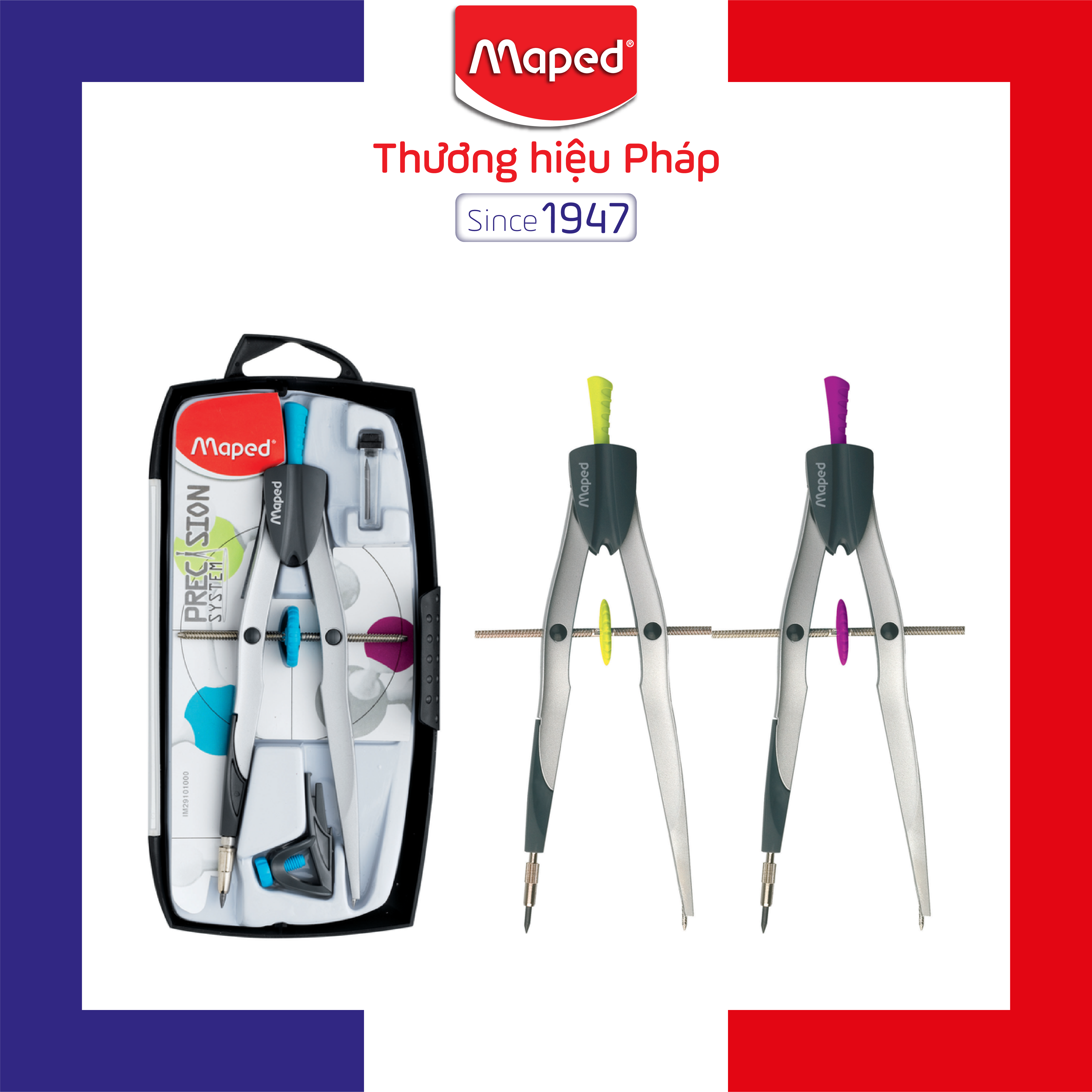 MAPED - Hộp Compa kim loại Precision set 3 (Compa, chì gỗ, ruột chì) (vẽ vòng tròn 30cm)