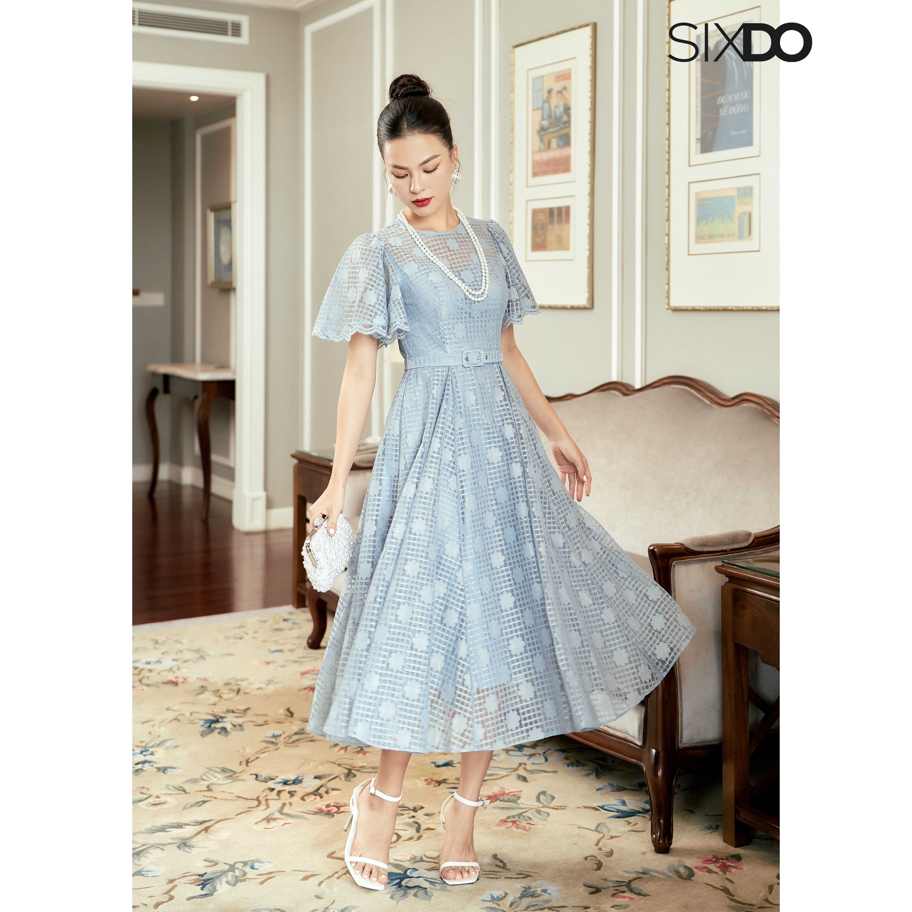 Đầm ren xanh xám tay phồng SIXDO