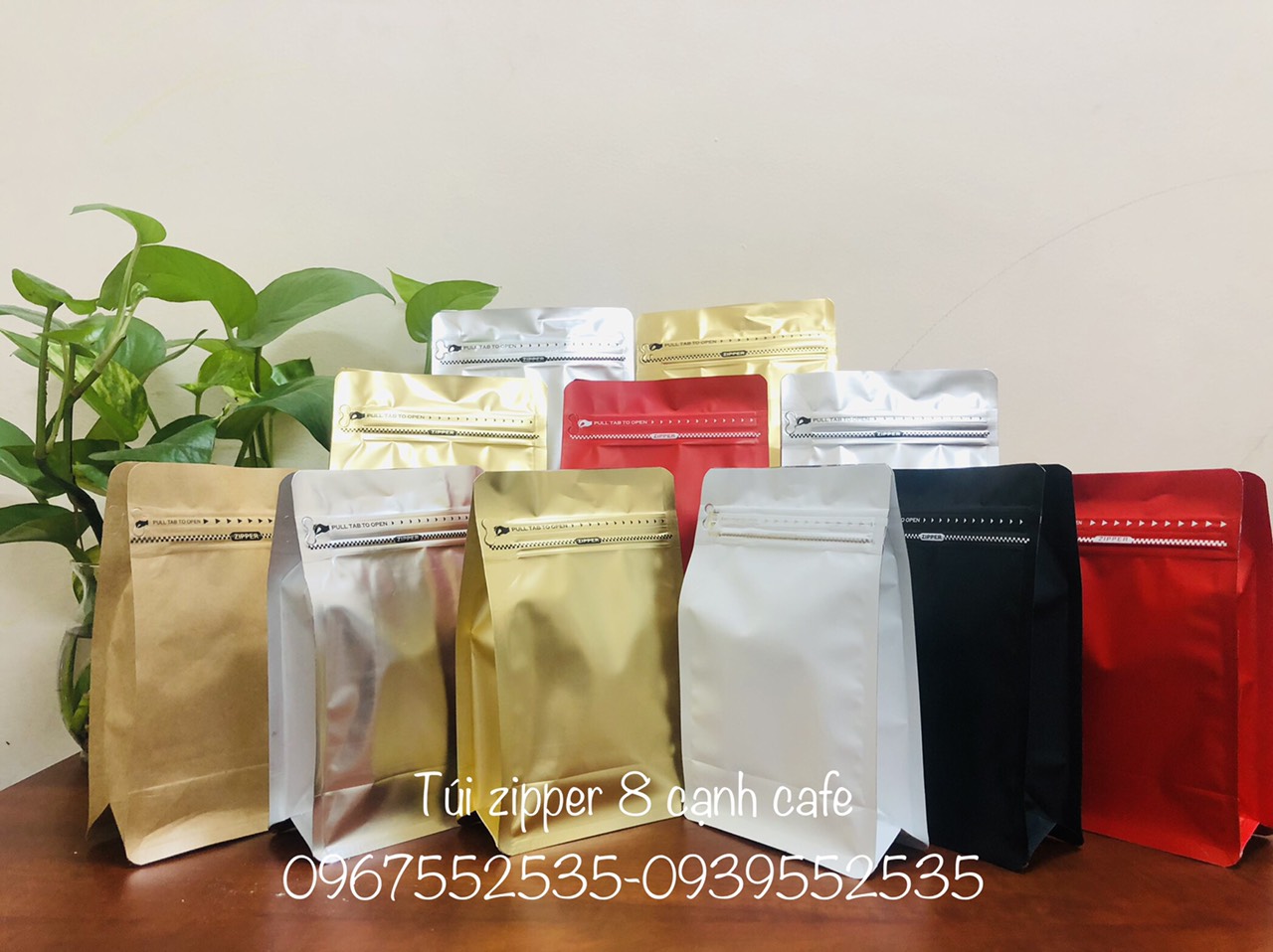 {500gr/size} TÚI ZIP ĐÁY ĐỨNG 8 CẠNH ĐỰNG CAFE (MÀU ĐỎ - ĐEN - TRẮNG, GIẤY KRAFT, BẠC, ĐỒNG)
