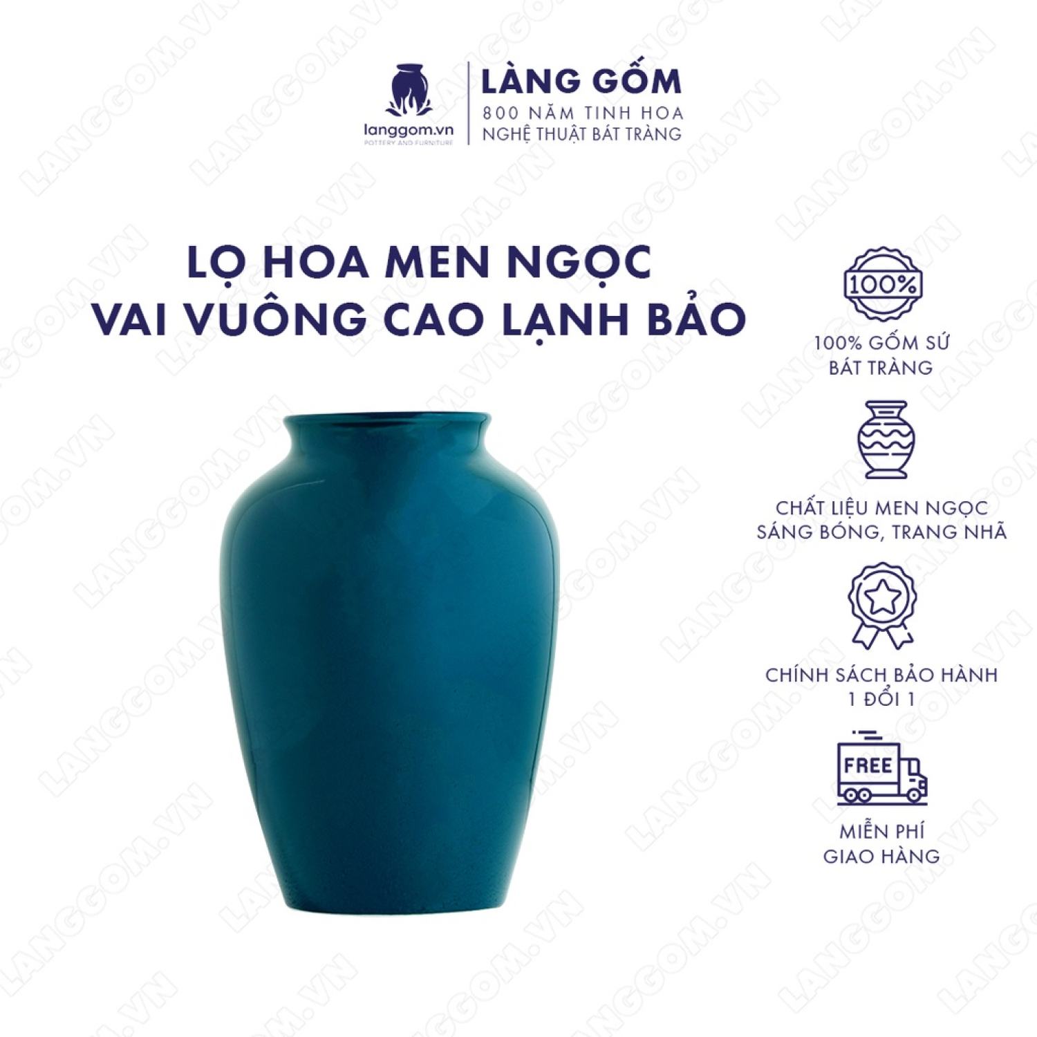 Bình cắm hoa trang trí, lọ hoa gốm sứ men ngọc kiểu vai vuông cao lạnh bảo sang trọng, dùng làm quà tặng và trang trí, gốm sứ Bát Tràng cao cấp, bảo hành 1 đổi 1 - Làng Gốm