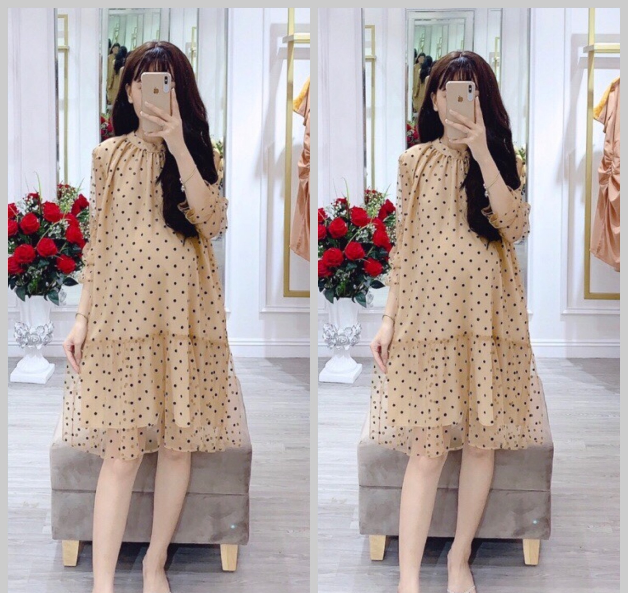 Đầm suông dáng dài cổ sơ mi dây eo, váy bầu công sở mặc thoải mái