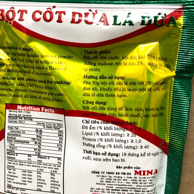 10 gói Bột Cốt Dừa Lá Dứa 50g