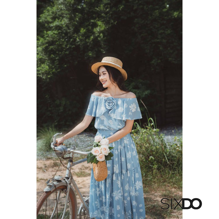 Chân váy xanh voan hoa SIXDO (Light Blue Floral Midi Voile Skirt)
