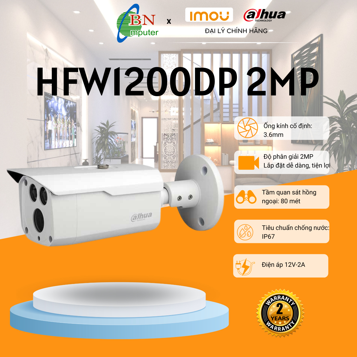 Camera Dahua HFW 1200DP HDCVI Tem Dss camera an ninh 2.0MP, camera quan sát nhà xưởng, thân sắt ống to
