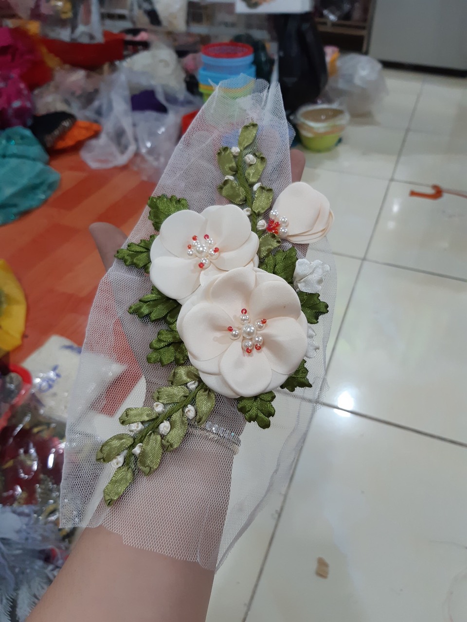 [Ảnh thật] [Có sẵn] hoa thêu ruy băng trà