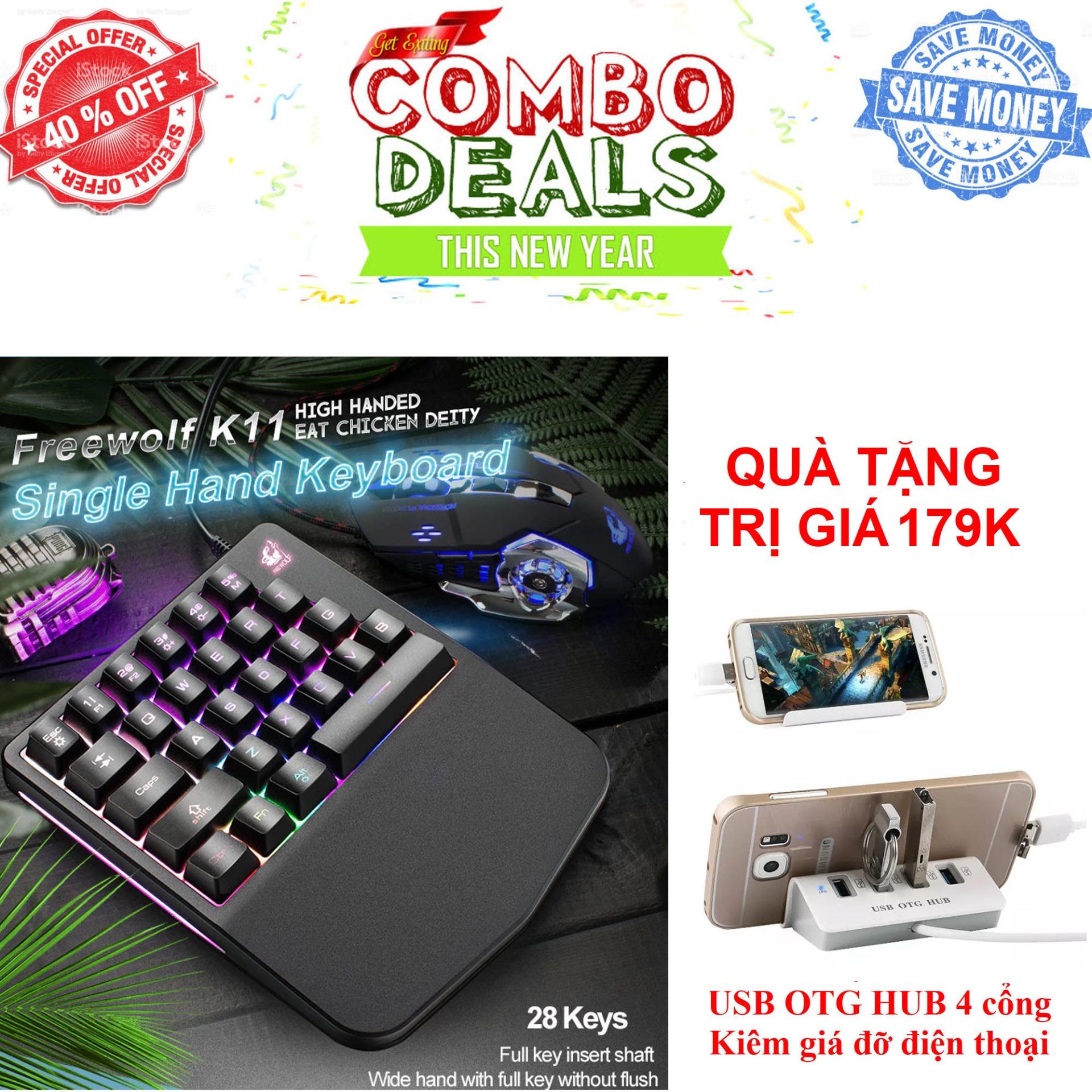 QÙA TẶNG ĐẶC BIỆT - Chơi game pubg mobile pc, Rules of Survival, Free Fire như PC bằng bàn phím bán cơ một tay FREE WOLF K11 với 28 phím