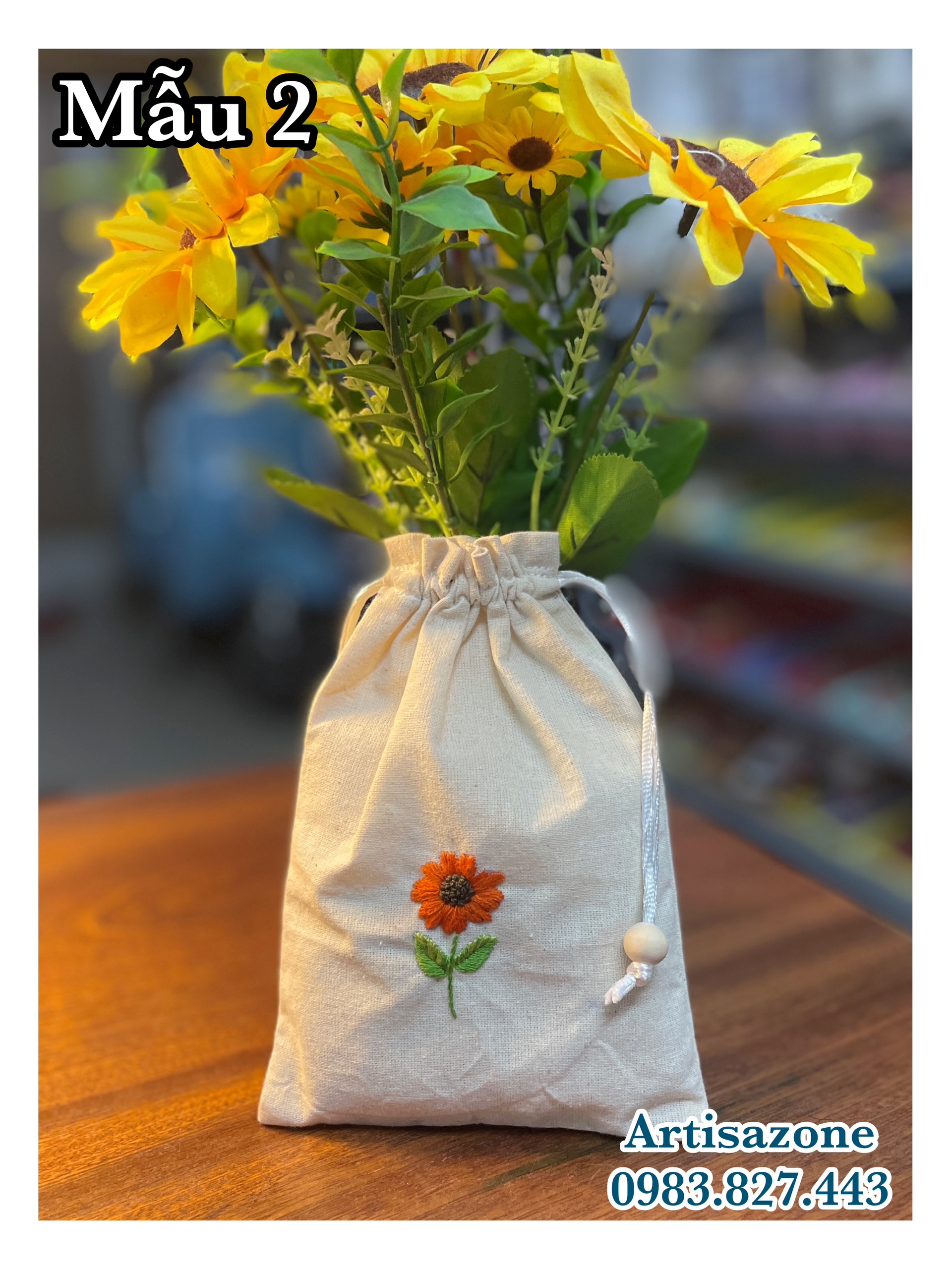 Túi vải dây rút thêu hoa mini, kích thước: 11cm x 15cm (Vải thô mộc) - 01 chiếc - (Đọc kỹ mô tả sản phẩm)