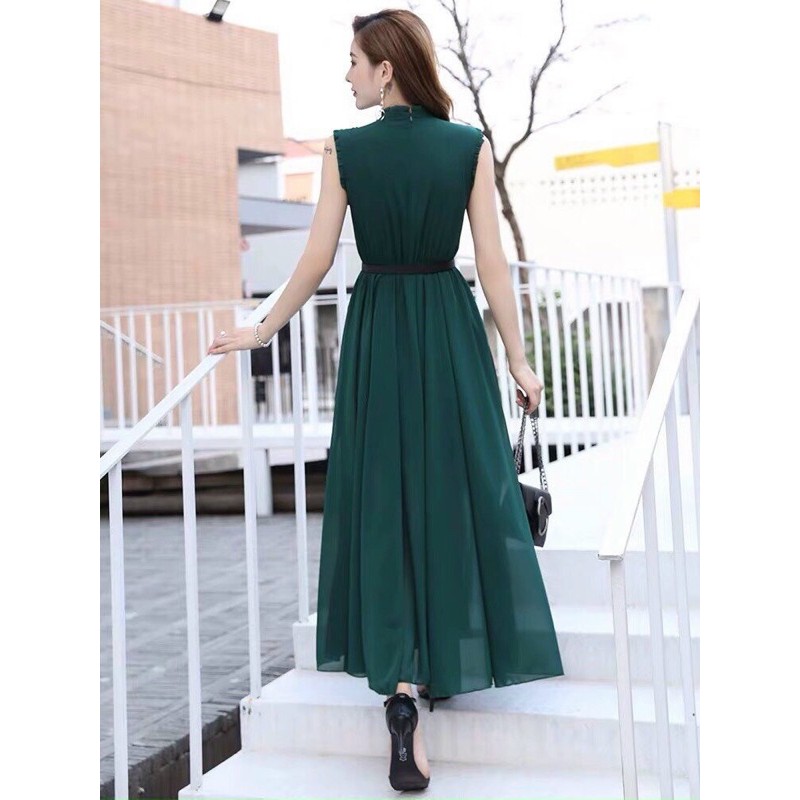 [HCM]ĐẦM XANH MAXI CỔ TRỤ KÈM NỊT