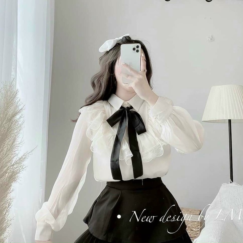 Áo sơ mi nữ cột nơ viền bèo