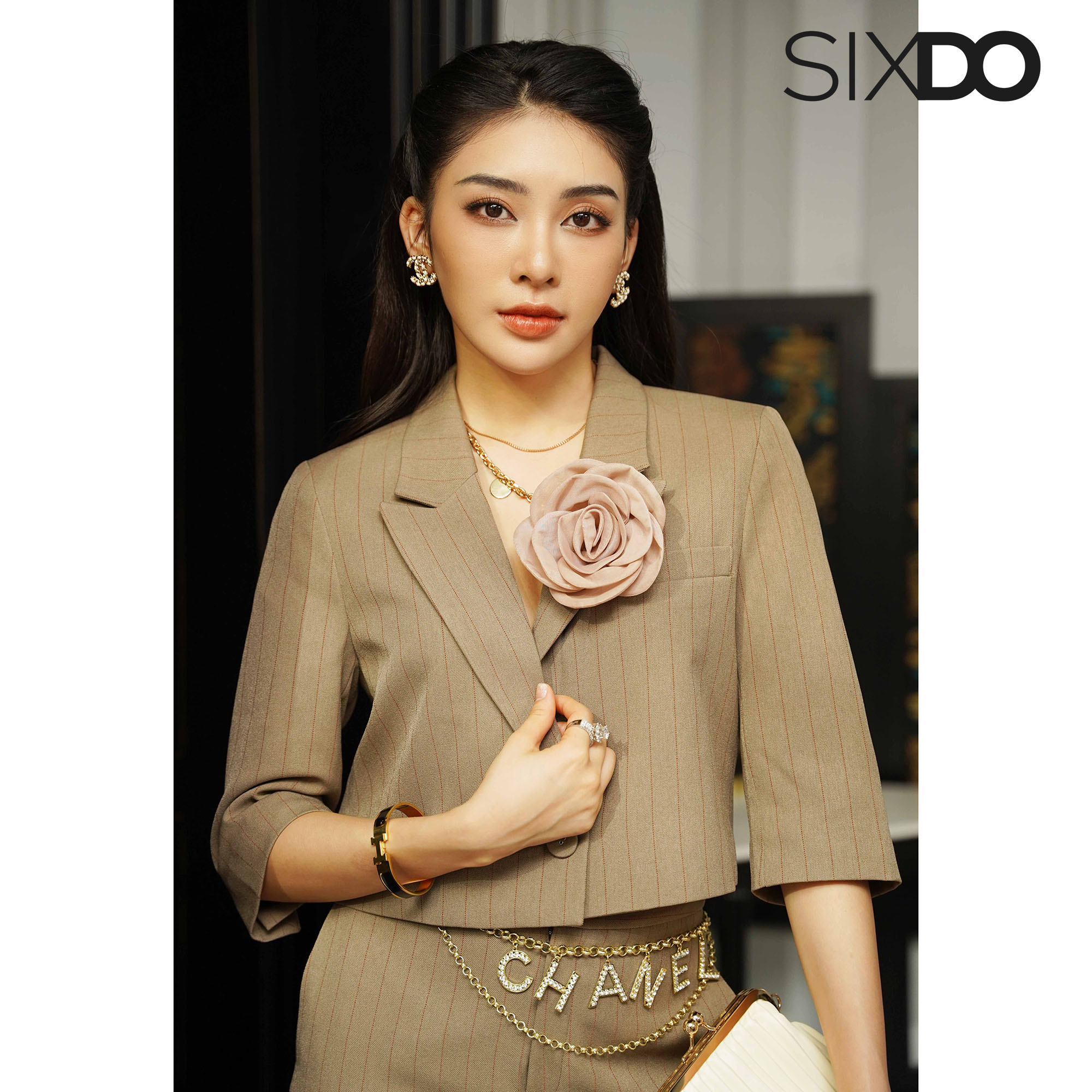Quần âu nữ thanh lịch SIXDO (Light Brown Stripe Woven Pants)