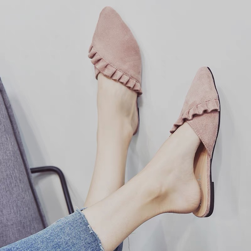 Dép sục da lộn viền bèo nữ tính