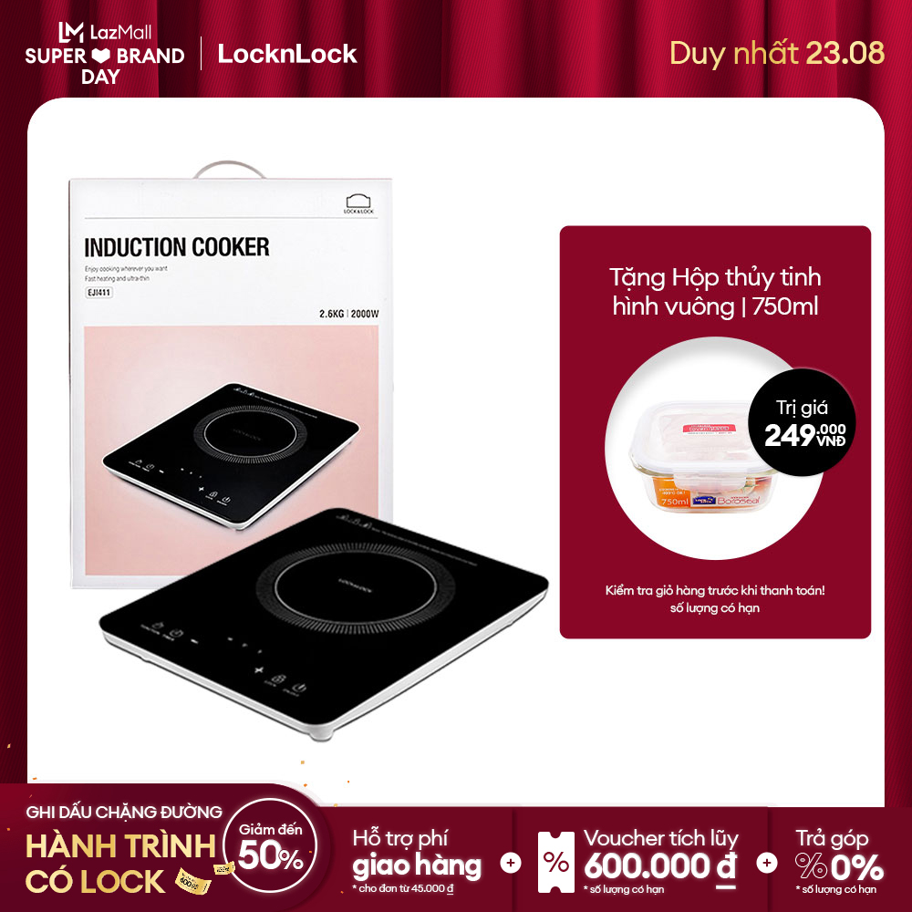 [Duy nhất 23.8 - Mua ngay] EJI411 - Bếp điện từ Lock&Lock - Cảm ứng, thủy tinh chống mài mòn, Có chức năng hẹn giờ và đặt giờ - Hàng chính hãng - Bảo hành 2 năm