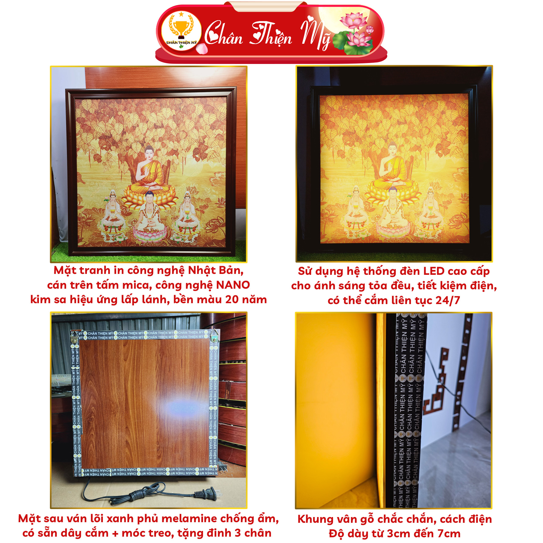 Tranh In Trúc Chỉ Vuông Phong Thủy CHÂN THIỆN MỸ, Đèn Trang Trí Phòng Thờ, Bàn Thờ TC-TV-94