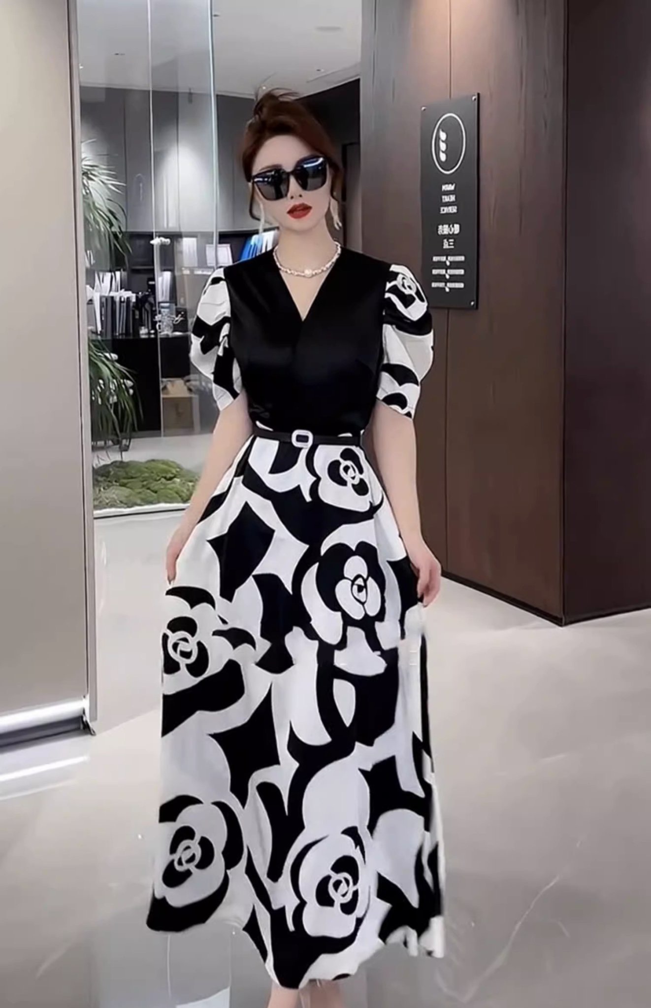 Đầm lụa tay bồng kèm nịt cao cấp - glady g273 - đầm xoè dáng dài phối hoạ tiết kèm belt sang trọng