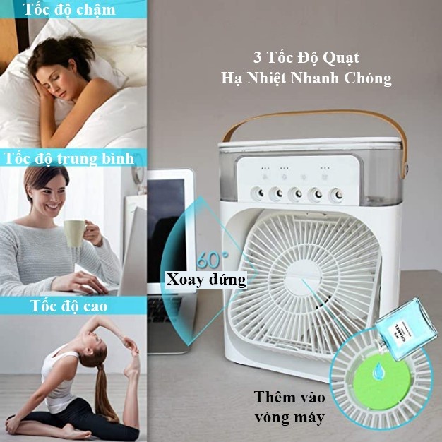 Quạt Phun Sương Mini Làm Mát Không Khí Tích Hợp Đèn Led Thông Minh, Quạt Hơi Nước Mini Điều Hòa Không Khí, Hẹn Giờ Tích Hợp Đèn Ngủ