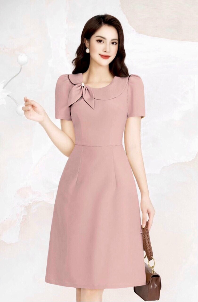 Đầm cổ sen lệch kết nơ nhiều màu